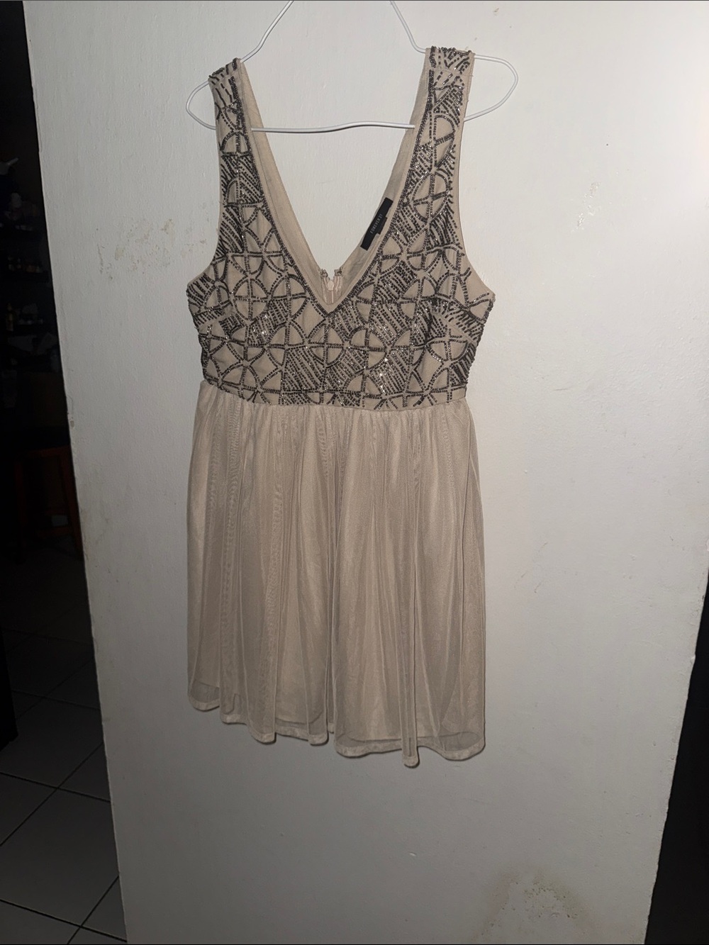 Forever 21 Beaded V-Neck Tan Mini Dress